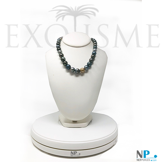 Collier de perles de Tahiti haut de gamme, grosses perles avec aspect multicolore. 